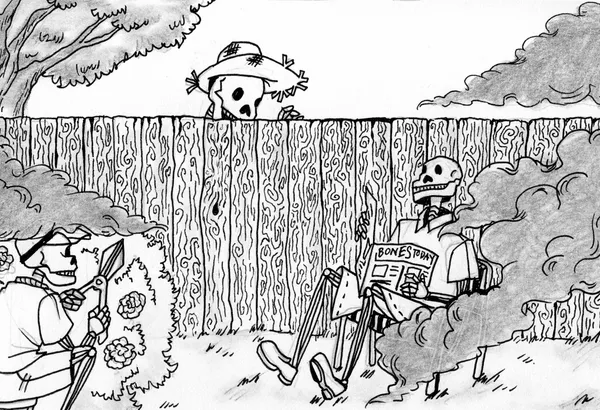Two skeletons in a garden. One of the left is trimming a rose bush with garden shears, the one on the right is in a car, reading a newspaper called ‘Bones Today’. Behind them is a fence, and a third skeleton in a straw hat is peering over, seemingly talking to the skeleton in the chair.